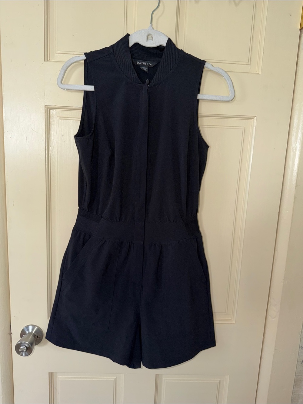Athleta Navy Black Sleeveless Zip-Front Romper